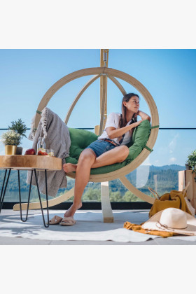 Zöld pamut párnás fenyőfa hinta fotel állvánnyal, 120 cm kosár